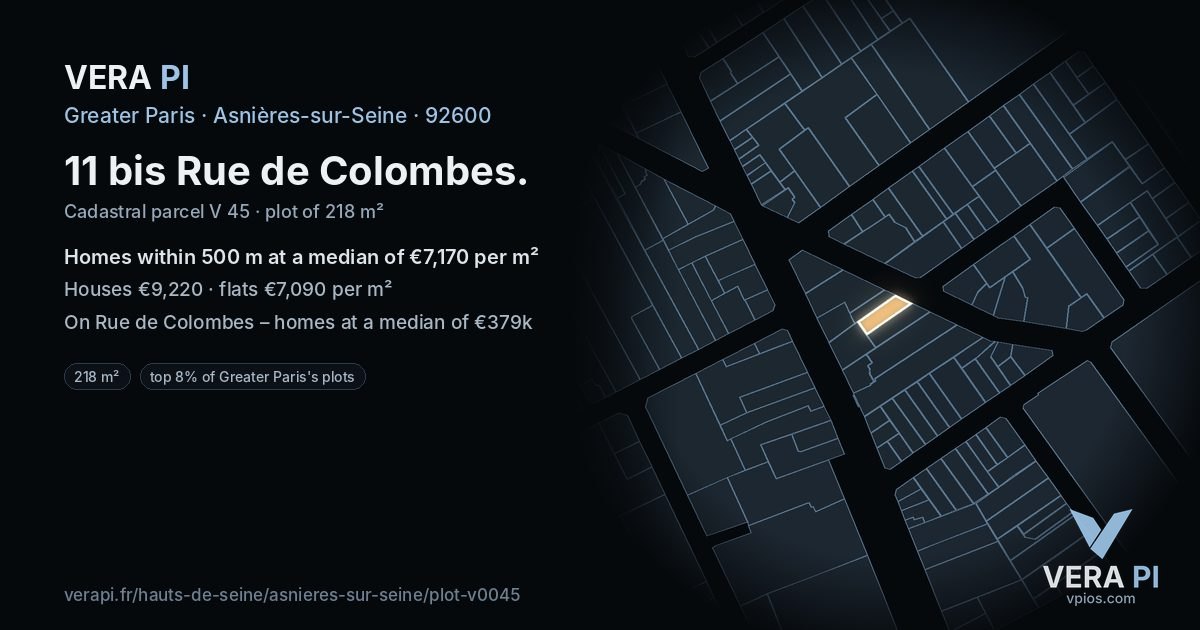 11 bis Rue de Colombes, Asnières-sur-Seine at night – the plot lit, the parcels around coloured by the prices near them