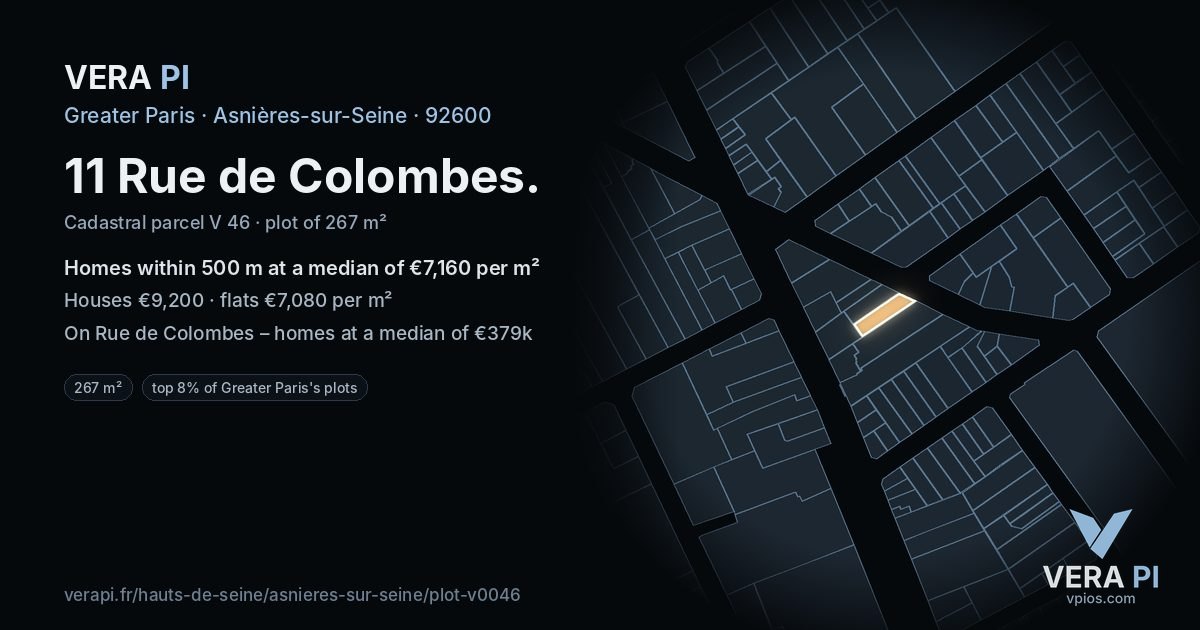 11 Rue de Colombes, Asnières-sur-Seine at night – the plot lit, the parcels around coloured by the prices near them
