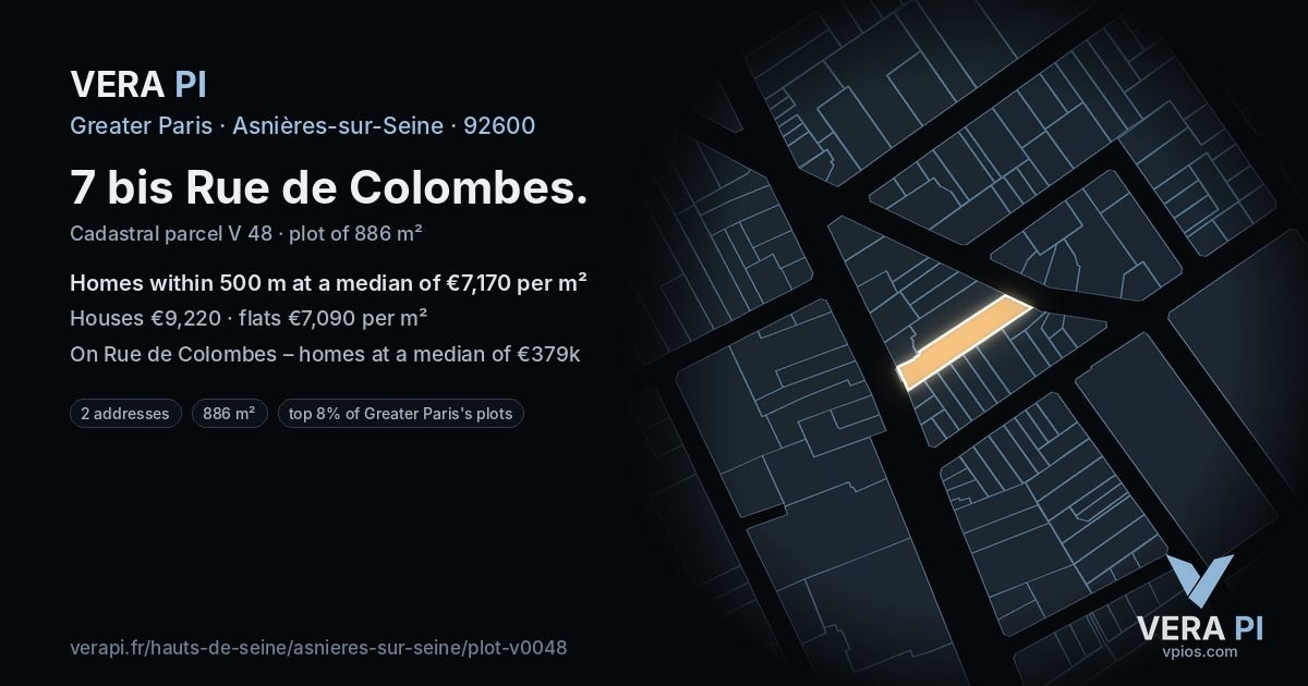 7 bis Rue de Colombes, Asnières-sur-Seine at night – the plot lit, the parcels around coloured by the prices near them