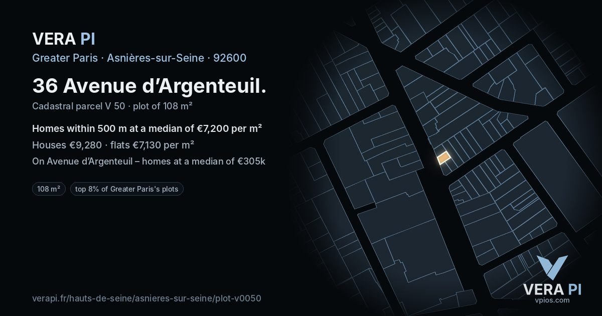 36 Avenue d’Argenteuil, Asnières-sur-Seine at night – the plot lit, the parcels around coloured by the prices near them