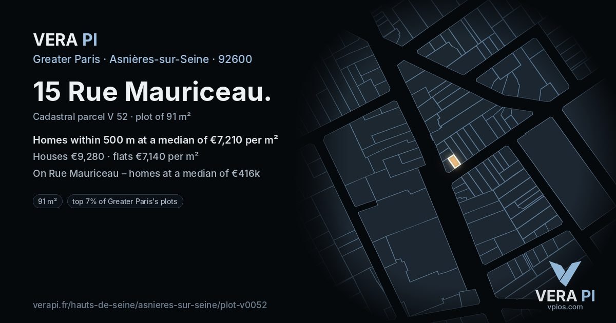 15 Rue Mauriceau, Asnières-sur-Seine at night – the plot lit, the parcels around coloured by the prices near them