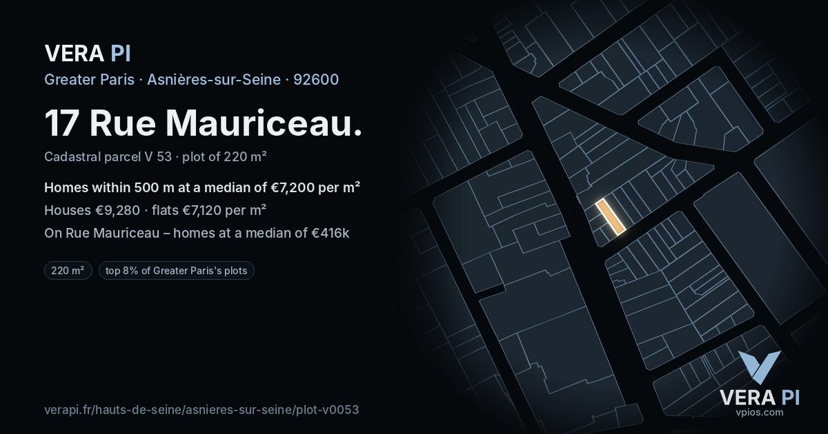 17 Rue Mauriceau, Asnières-sur-Seine at night – the plot lit, the parcels around coloured by the prices near them