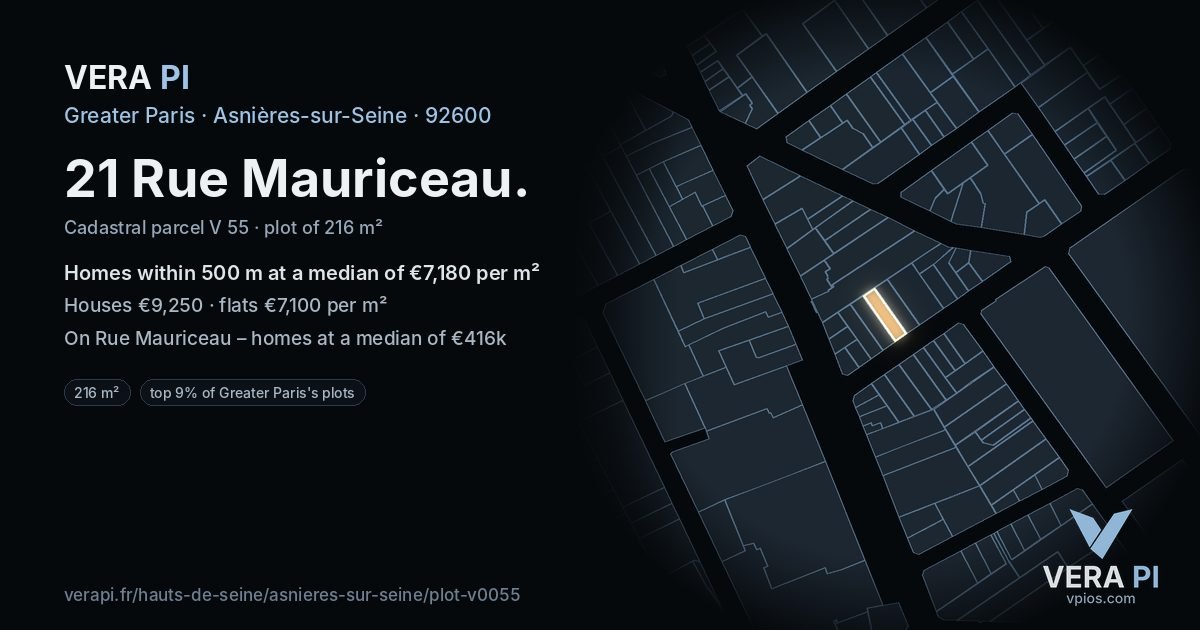 21 Rue Mauriceau, Asnières-sur-Seine at night – the plot lit, the parcels around coloured by the prices near them