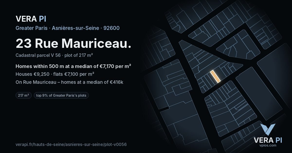 23 Rue Mauriceau, Asnières-sur-Seine at night – the plot lit, the parcels around coloured by the prices near them