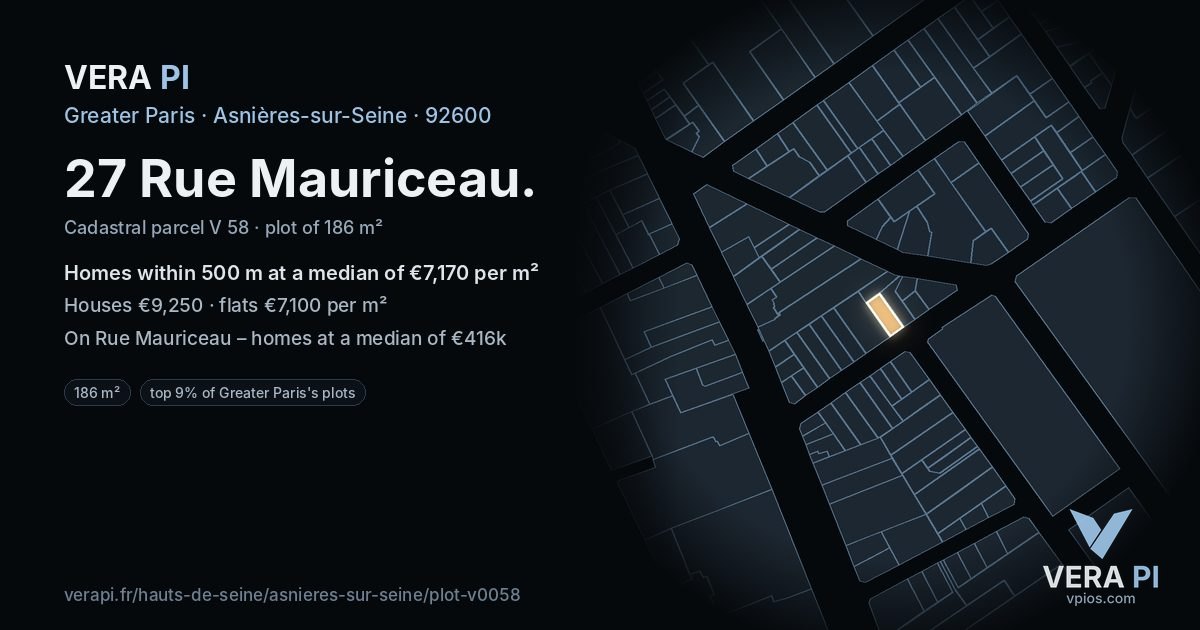 27 Rue Mauriceau, Asnières-sur-Seine at night – the plot lit, the parcels around coloured by the prices near them