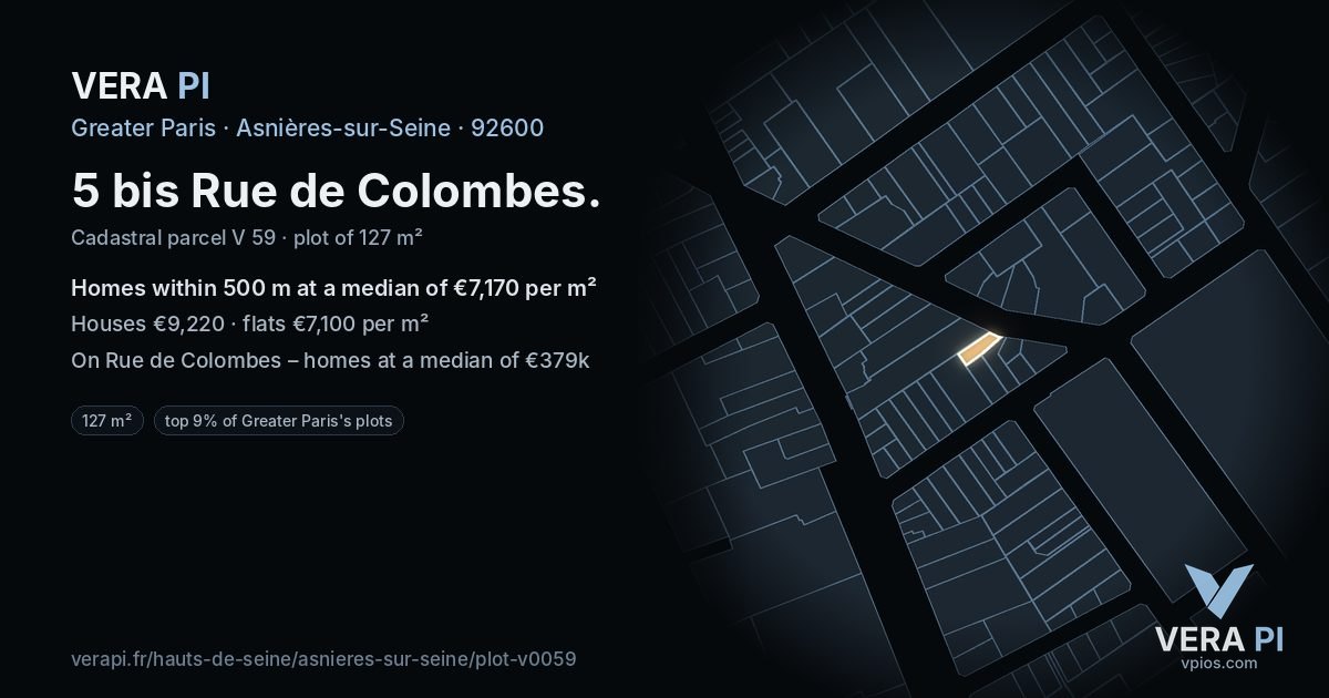 5 bis Rue de Colombes, Asnières-sur-Seine at night – the plot lit, the parcels around coloured by the prices near them