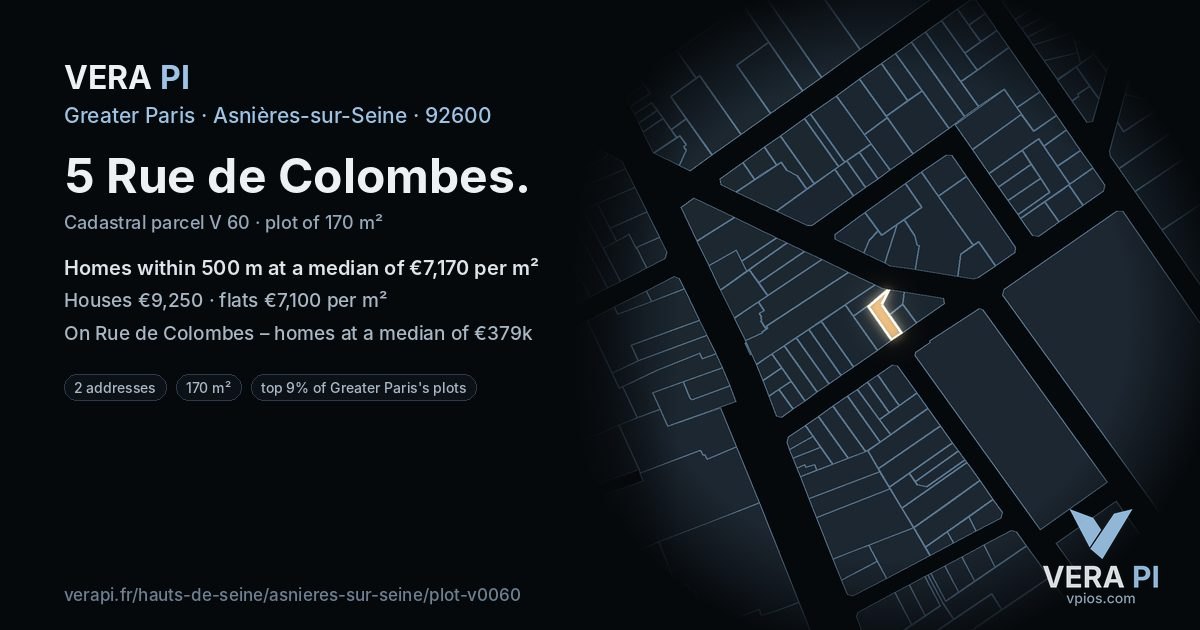 5 Rue de Colombes, Asnières-sur-Seine at night – the plot lit, the parcels around coloured by the prices near them