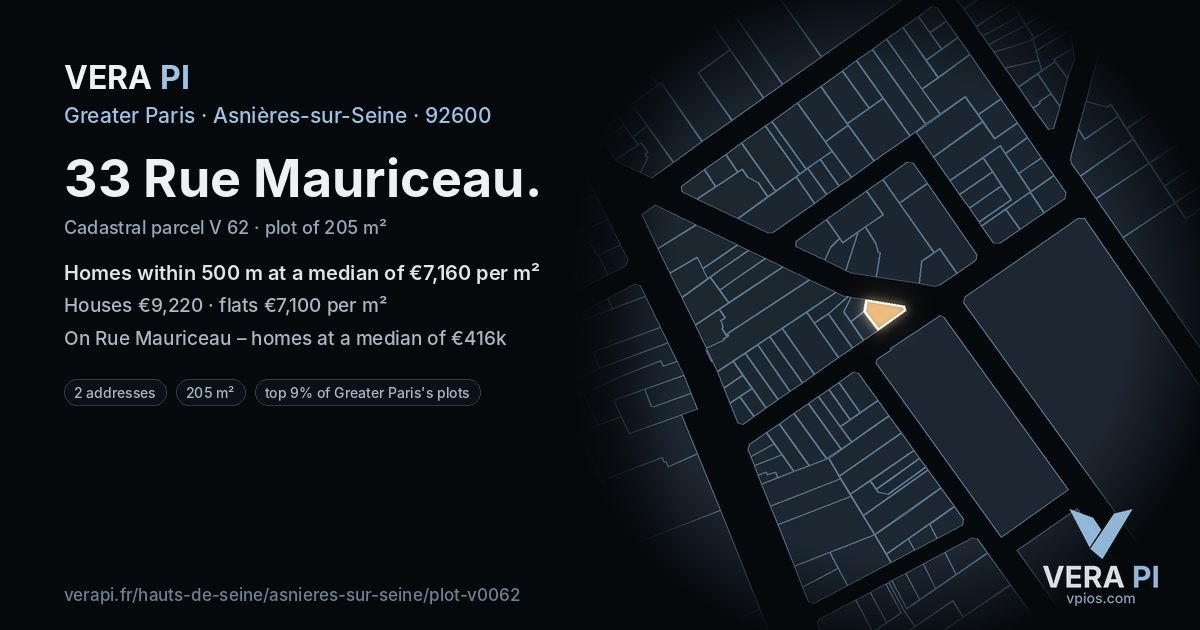 33 Rue Mauriceau, Asnières-sur-Seine at night – the plot lit, the parcels around coloured by the prices near them