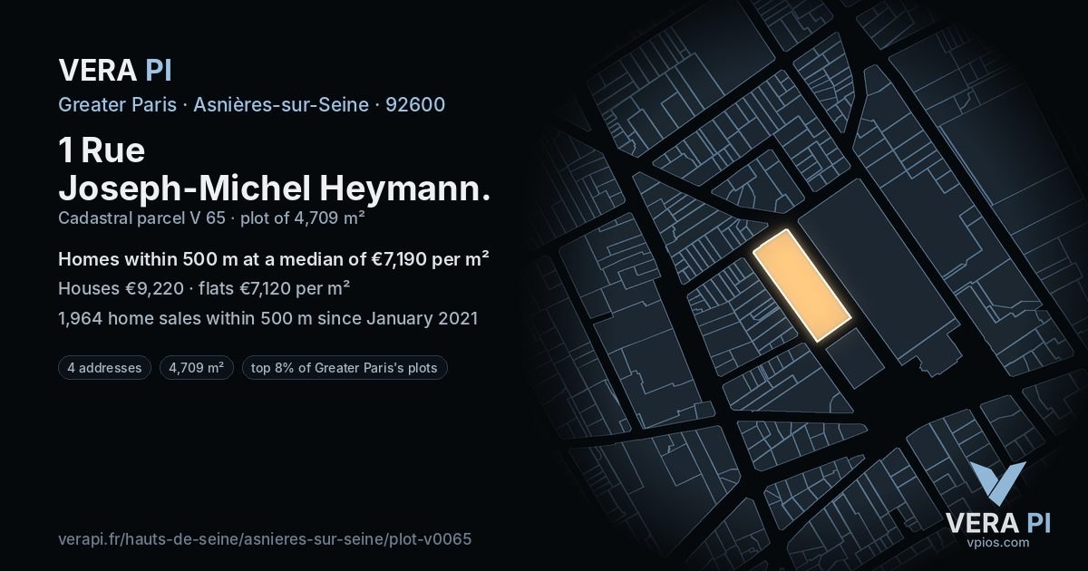 1 Rue Joseph-Michel Heymann, Asnières-sur-Seine at night – the plot lit, the parcels around coloured by the prices near them