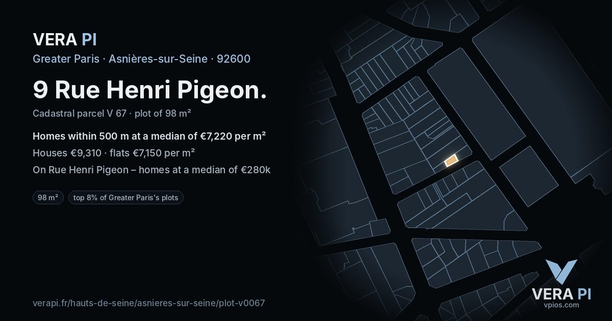 9 Rue Henri Pigeon, Asnières-sur-Seine at night – the plot lit, the parcels around coloured by the prices near them