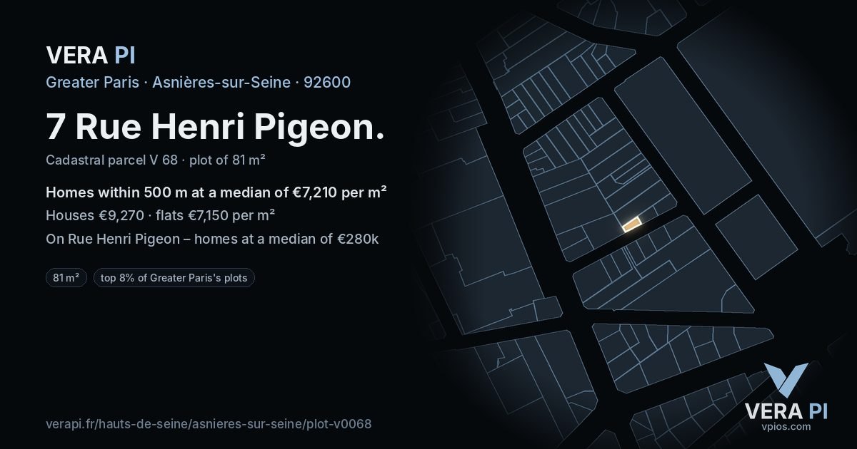 7 Rue Henri Pigeon, Asnières-sur-Seine at night – the plot lit, the parcels around coloured by the prices near them