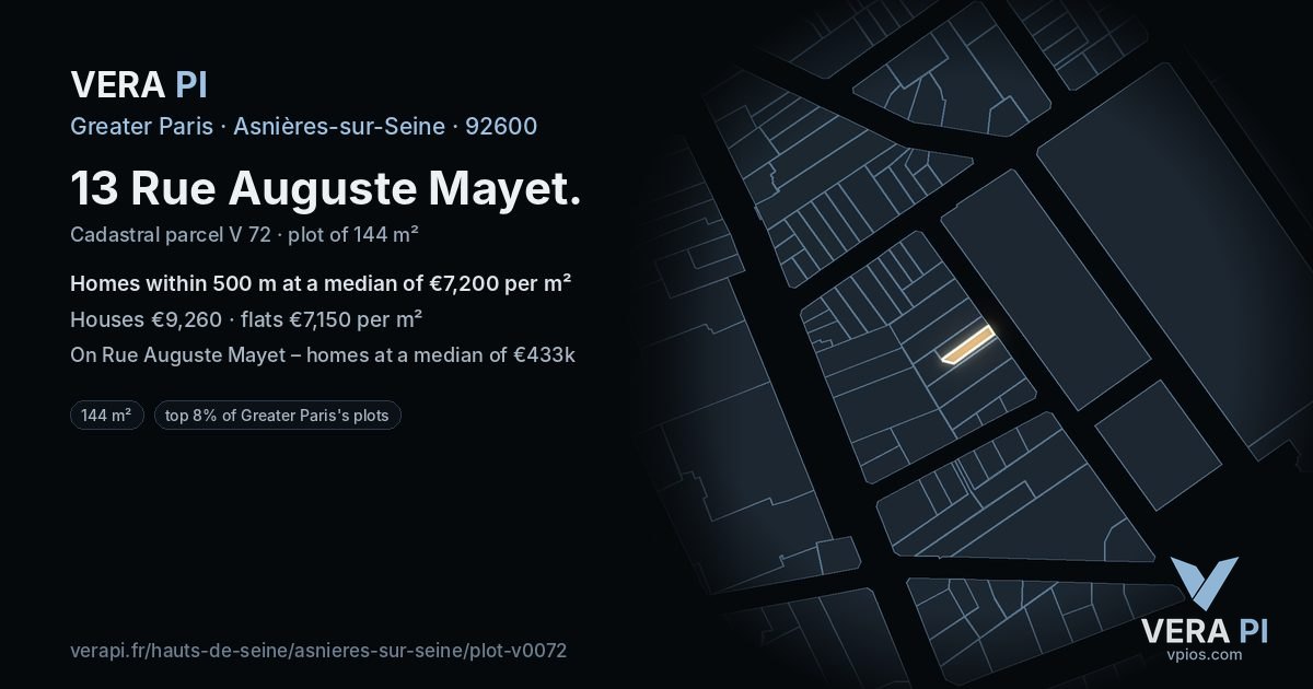 13 Rue Auguste Mayet, Asnières-sur-Seine at night – the plot lit, the parcels around coloured by the prices near them