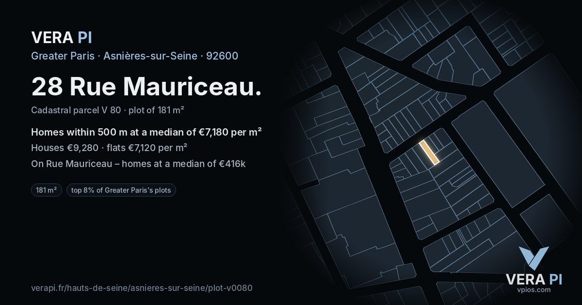 28 Rue Mauriceau, Asnières-sur-Seine at night – the plot lit, the parcels around coloured by the prices near them
