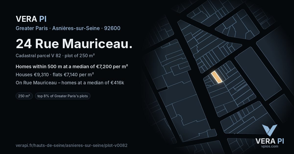 24 Rue Mauriceau, Asnières-sur-Seine at night – the plot lit, the parcels around coloured by the prices near them
