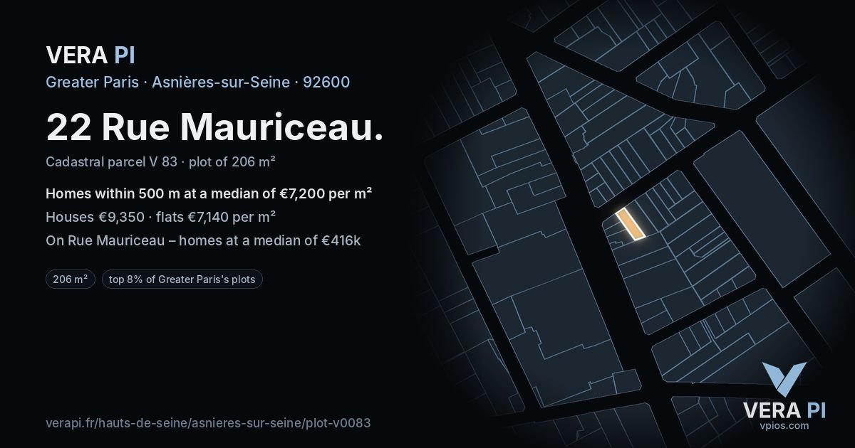 22 Rue Mauriceau, Asnières-sur-Seine at night – the plot lit, the parcels around coloured by the prices near them