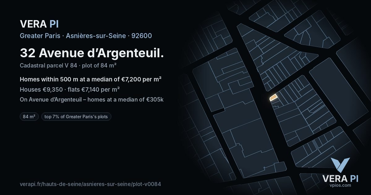 32 Avenue d’Argenteuil, Asnières-sur-Seine at night – the plot lit, the parcels around coloured by the prices near them