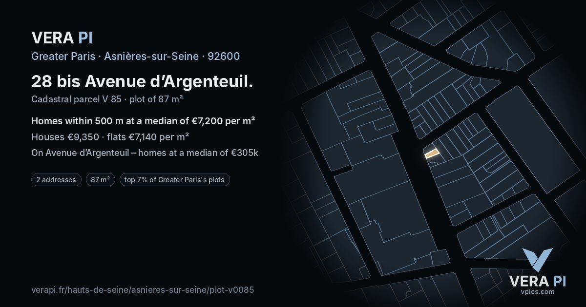 28 bis Avenue d’Argenteuil, Asnières-sur-Seine at night – the plot lit, the parcels around coloured by the prices near them