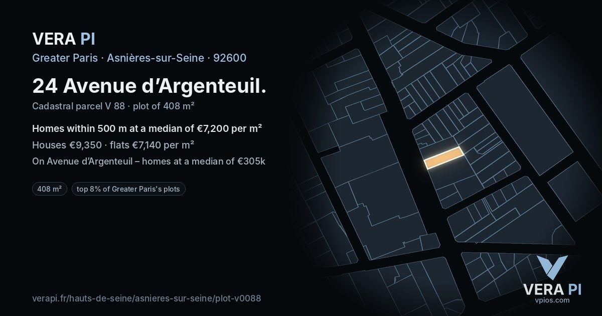 24 Avenue d’Argenteuil, Asnières-sur-Seine at night – the plot lit, the parcels around coloured by the prices near them