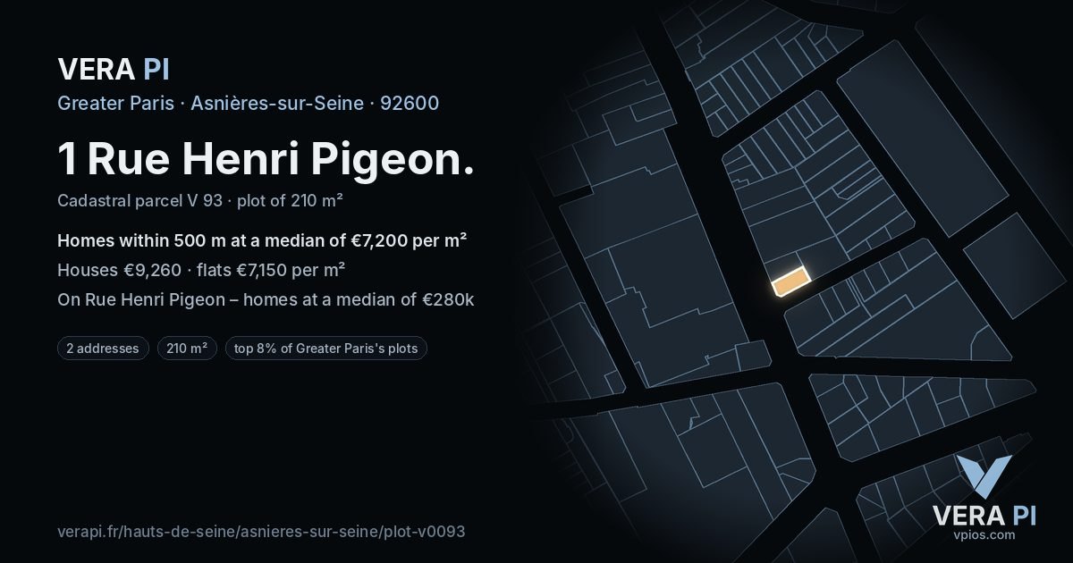 1 Rue Henri Pigeon, Asnières-sur-Seine at night – the plot lit, the parcels around coloured by the prices near them