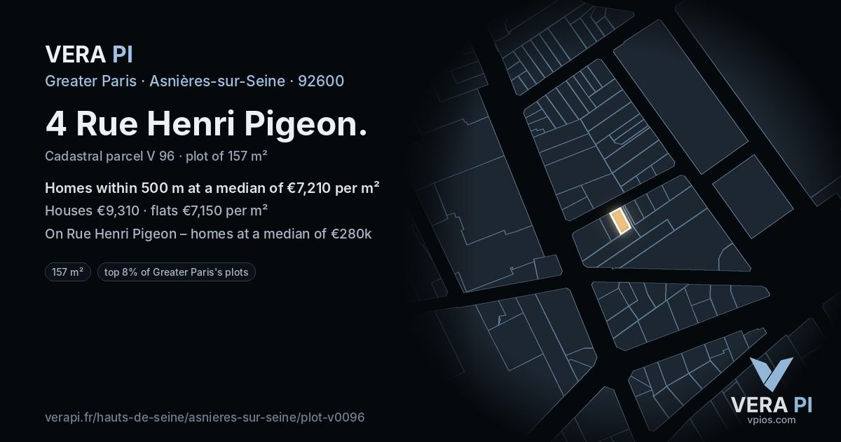 4 Rue Henri Pigeon, Asnières-sur-Seine at night – the plot lit, the parcels around coloured by the prices near them