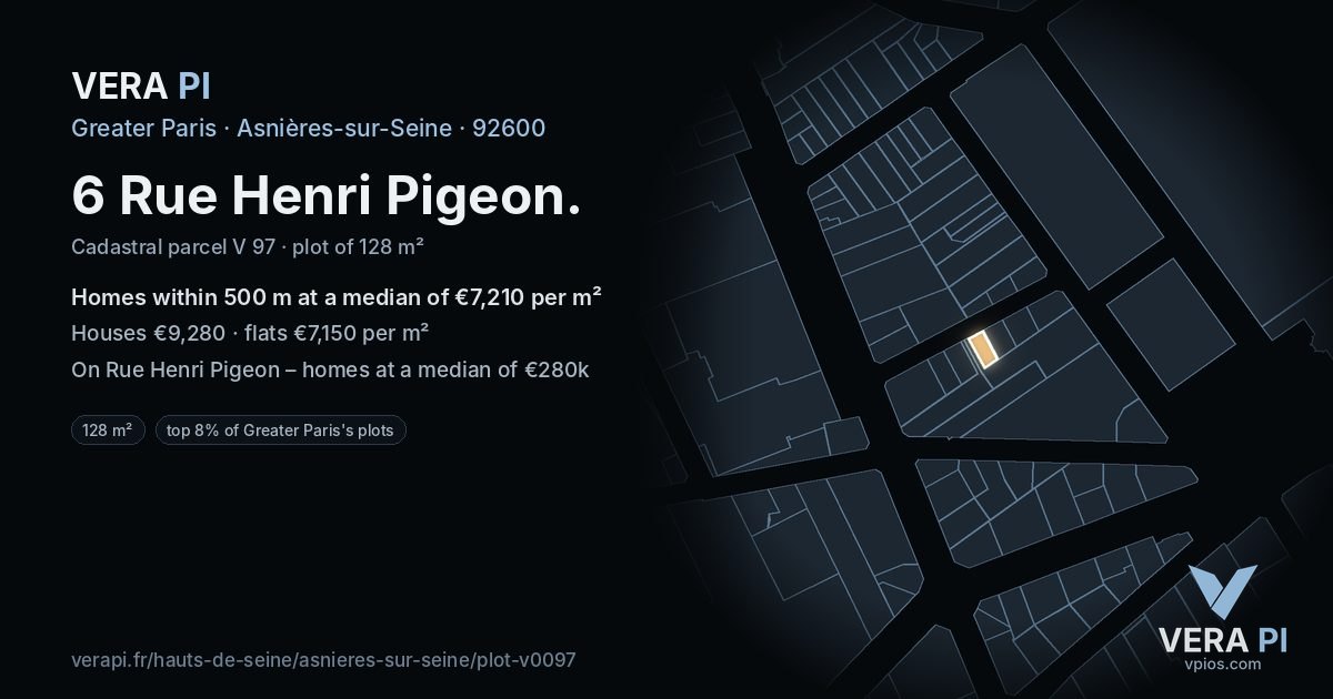 6 Rue Henri Pigeon, Asnières-sur-Seine at night – the plot lit, the parcels around coloured by the prices near them