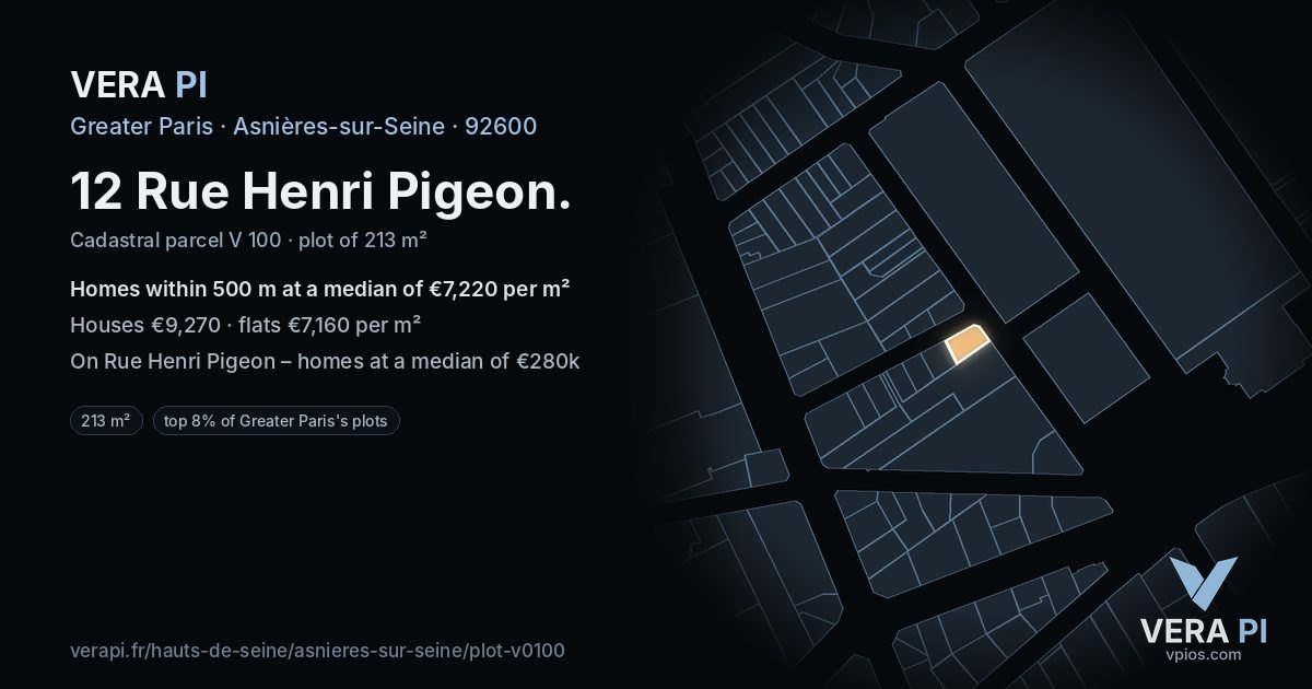 12 Rue Henri Pigeon, Asnières-sur-Seine at night – the plot lit, the parcels around coloured by the prices near them