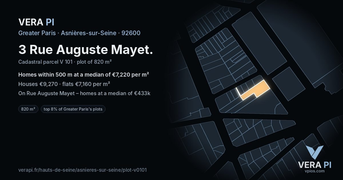 3 Rue Auguste Mayet, Asnières-sur-Seine at night – the plot lit, the parcels around coloured by the prices near them