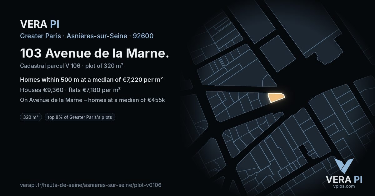 103 Avenue de la Marne, Asnières-sur-Seine at night – the plot lit, the parcels around coloured by the prices near them