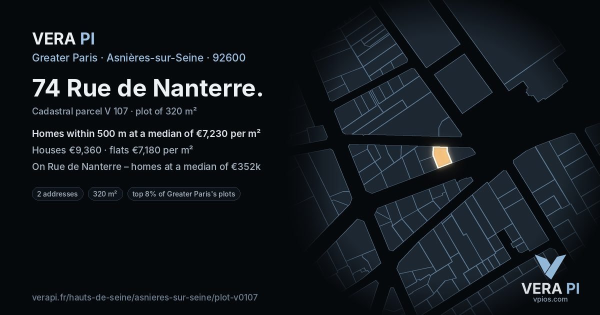 74 Rue de Nanterre, Asnières-sur-Seine at night – the plot lit, the parcels around coloured by the prices near them