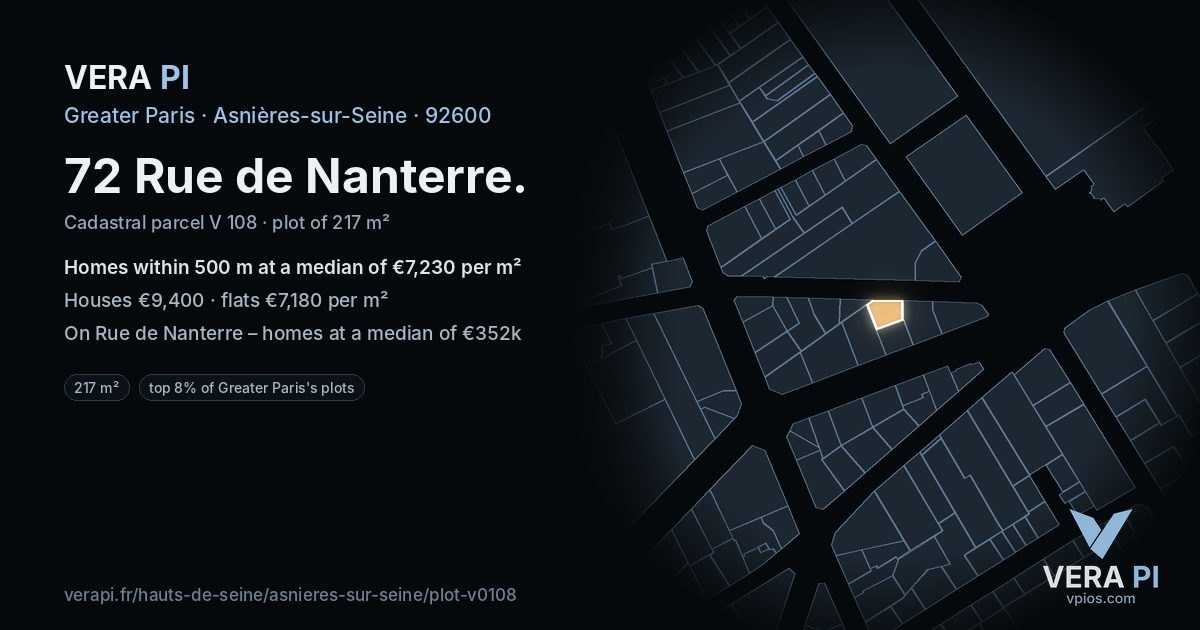 72 Rue de Nanterre, Asnières-sur-Seine at night – the plot lit, the parcels around coloured by the prices near them