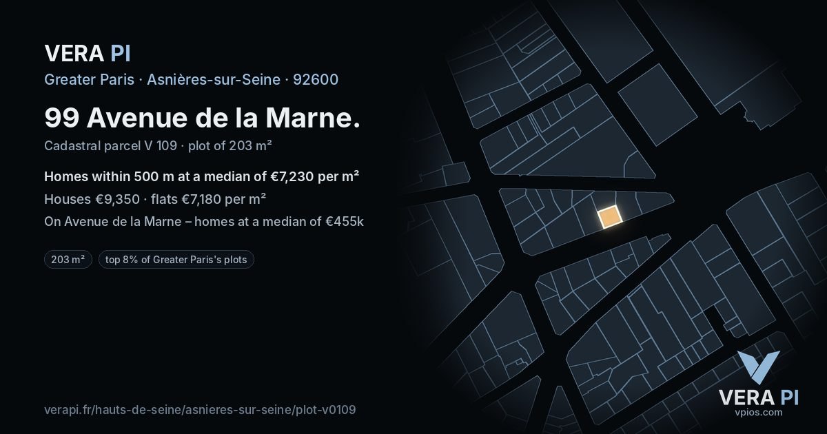 99 Avenue de la Marne, Asnières-sur-Seine at night – the plot lit, the parcels around coloured by the prices near them