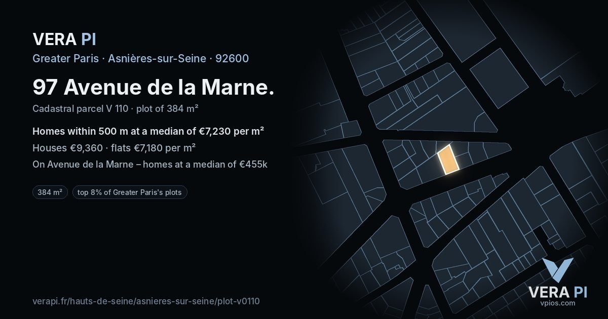 97 Avenue de la Marne, Asnières-sur-Seine at night – the plot lit, the parcels around coloured by the prices near them