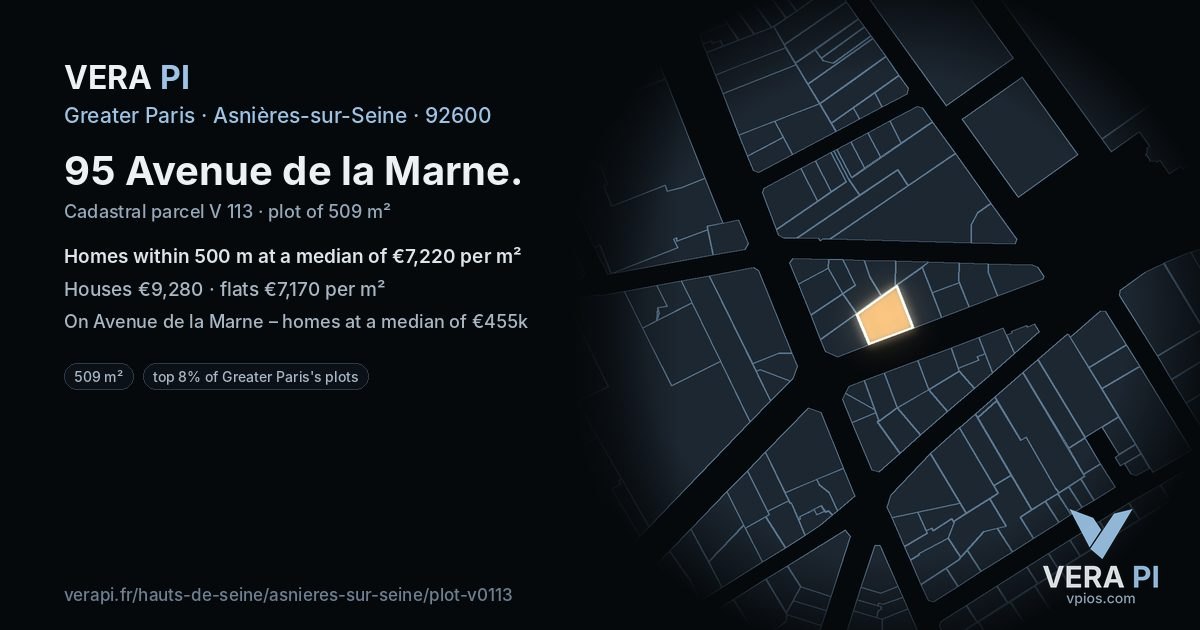 95 Avenue de la Marne, Asnières-sur-Seine at night – the plot lit, the parcels around coloured by the prices near them