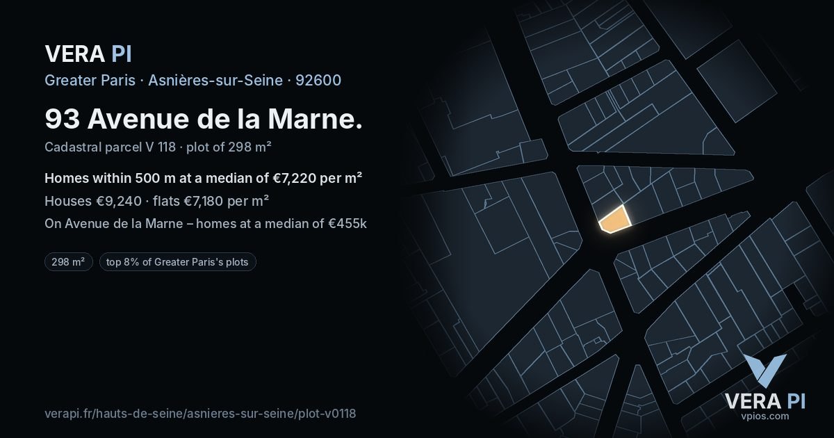 93 Avenue de la Marne, Asnières-sur-Seine at night – the plot lit, the parcels around coloured by the prices near them