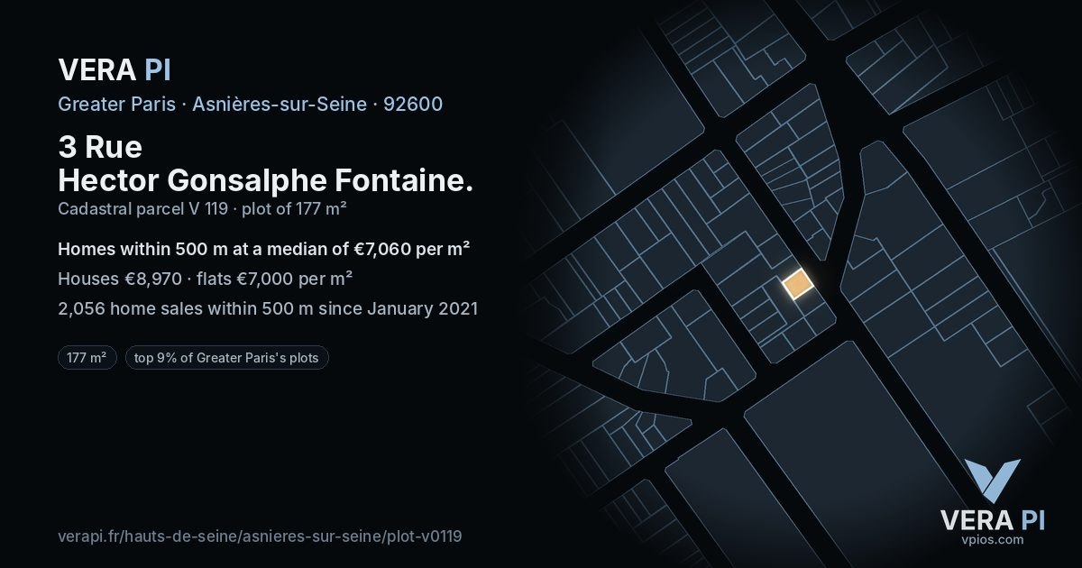 3 Rue Hector Gonsalphe Fontaine, Asnières-sur-Seine at night – the plot lit, the parcels around coloured by the prices near them
