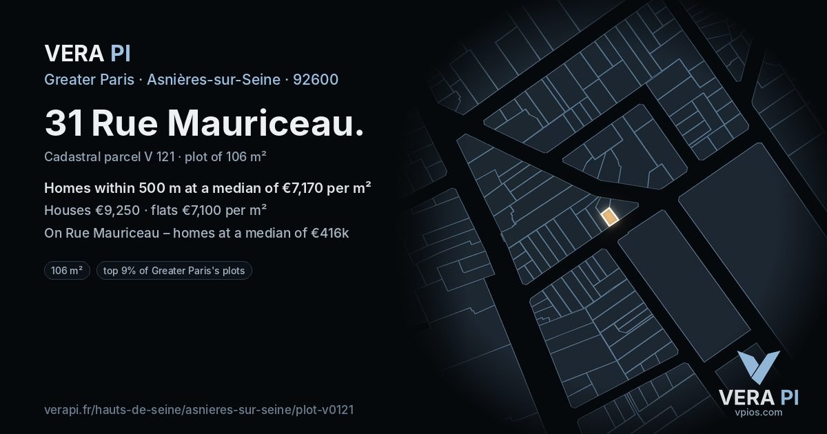 31 Rue Mauriceau, Asnières-sur-Seine at night – the plot lit, the parcels around coloured by the prices near them