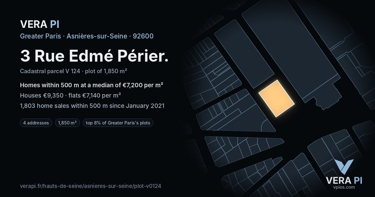 3 Rue Edmé Périer, Asnières-sur-Seine at night – the plot lit, the parcels around coloured by the prices near them