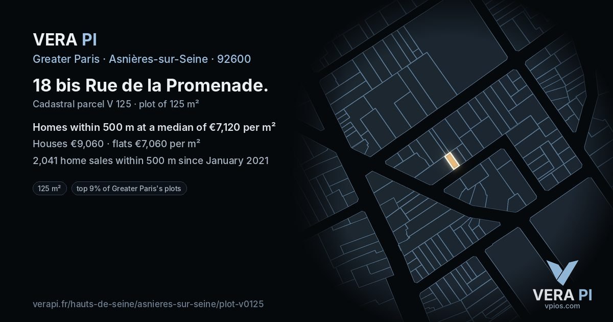 18 bis Rue de la Promenade, Asnières-sur-Seine at night – the plot lit, the parcels around coloured by the prices near them