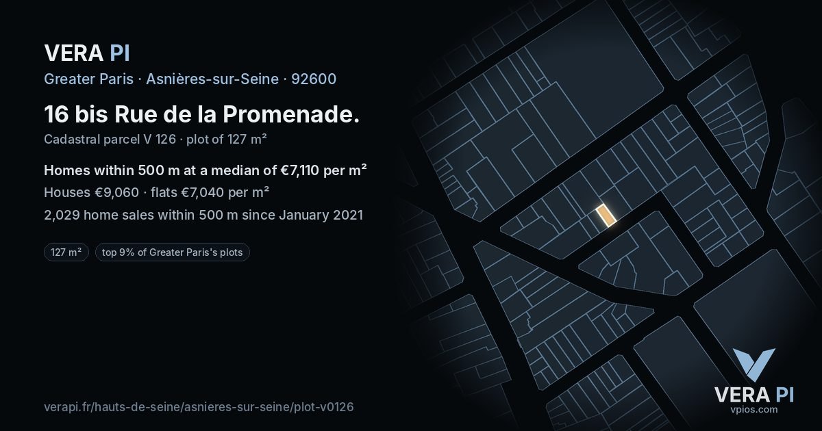 16 bis Rue de la Promenade, Asnières-sur-Seine at night – the plot lit, the parcels around coloured by the prices near them