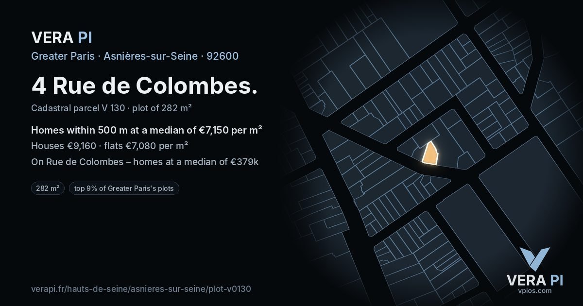 4 Rue de Colombes, Asnières-sur-Seine at night – the plot lit, the parcels around coloured by the prices near them
