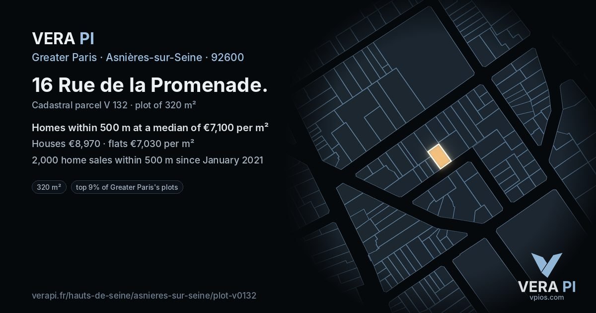 16 Rue de la Promenade, Asnières-sur-Seine at night – the plot lit, the parcels around coloured by the prices near them