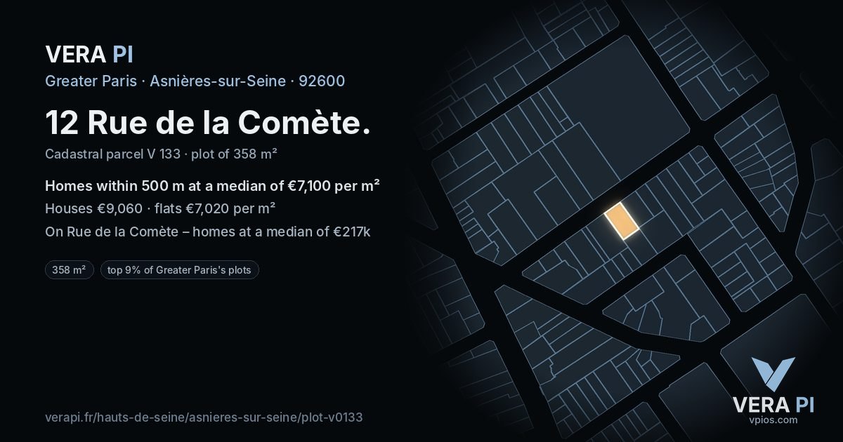 12 Rue de la Comète, Asnières-sur-Seine at night – the plot lit, the parcels around coloured by the prices near them