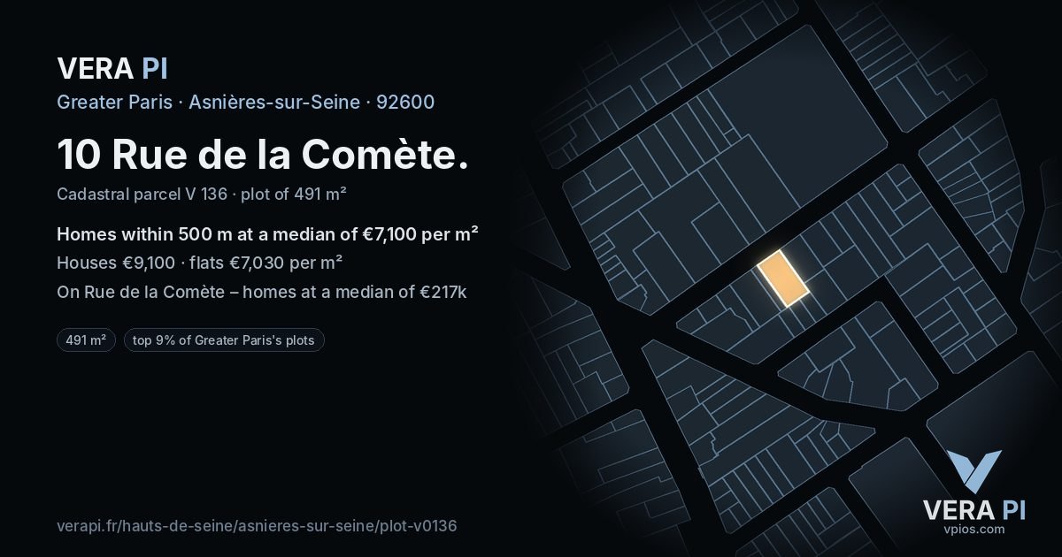 10 Rue de la Comète, Asnières-sur-Seine at night – the plot lit, the parcels around coloured by the prices near them