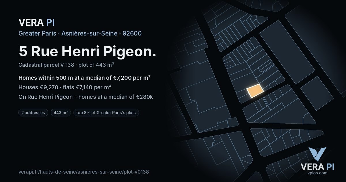 5 Rue Henri Pigeon, Asnières-sur-Seine at night – the plot lit, the parcels around coloured by the prices near them