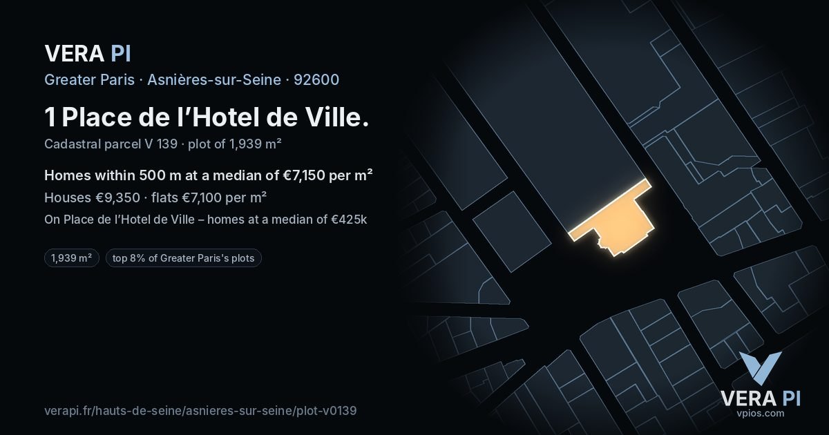 1 Place de l’Hotel de Ville, Asnières-sur-Seine at night – the plot lit, the parcels around coloured by the prices near them