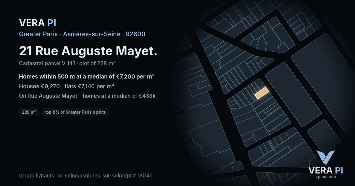 21 Rue Auguste Mayet, Asnières-sur-Seine at night – the plot lit, the parcels around coloured by the prices near them