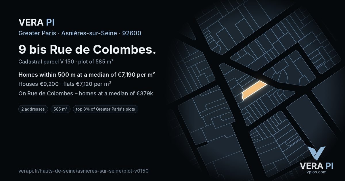9 bis Rue de Colombes, Asnières-sur-Seine at night – the plot lit, the parcels around coloured by the prices near them