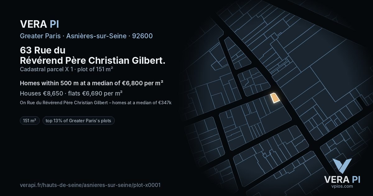 63 Rue du Révérend Père Christian Gilbert, Asnières-sur-Seine at night – the plot lit, the parcels around coloured by the prices near them