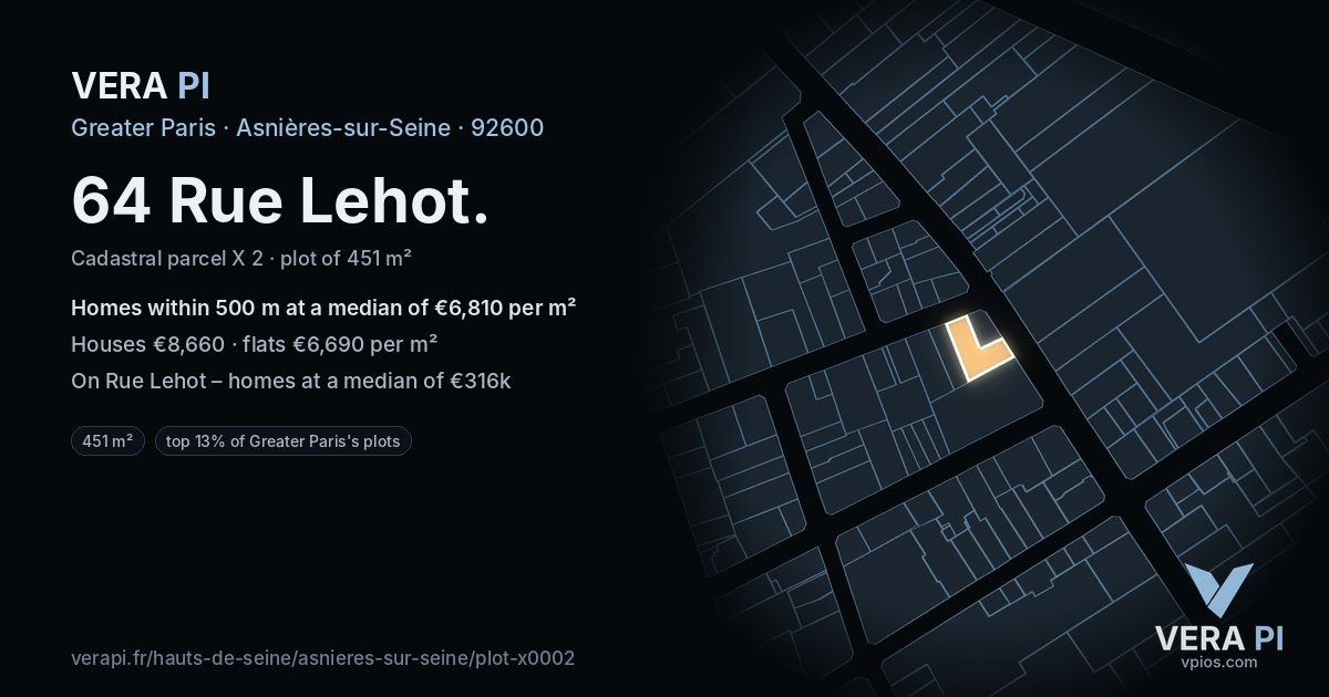 64 Rue Lehot, Asnières-sur-Seine at night – the plot lit, the parcels around coloured by the prices near them