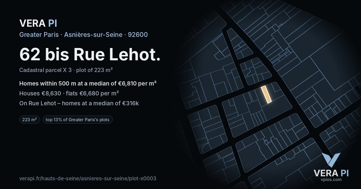 62 bis Rue Lehot, Asnières-sur-Seine at night – the plot lit, the parcels around coloured by the prices near them